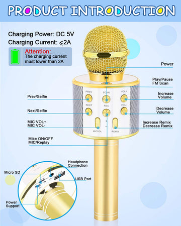 Dodosky Gifts For 4 5 6 7 8 9 10 11 12 Year Old Girls, Handheld Karaoke Microphone For Kids Fun Toys For 4-13 Year Old Girls Birthday Gifts For 5-13 Year Old Girls Boys Teens - Gold