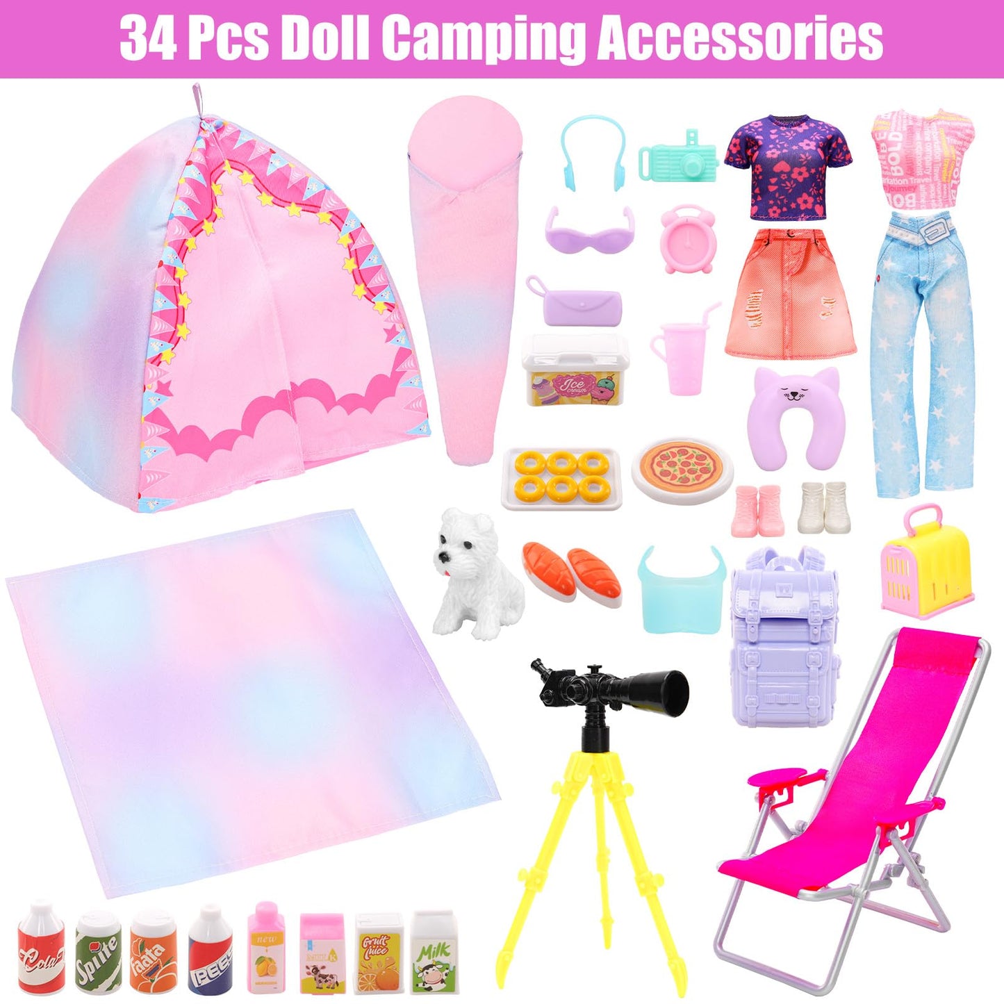 34 Pcs Girl Doll Travel Camping Tent Set Includes Clothes, Food, Telescope, Tent, Sleeping Bag, Backpack, Chair, Shoes And Other