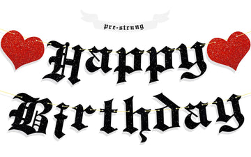 Ushinemi Pre-Strung Goth Birthday Decorations, No Diy Gothic Happy Birthday Banner Glitter Funeral Birthday Party Supplies