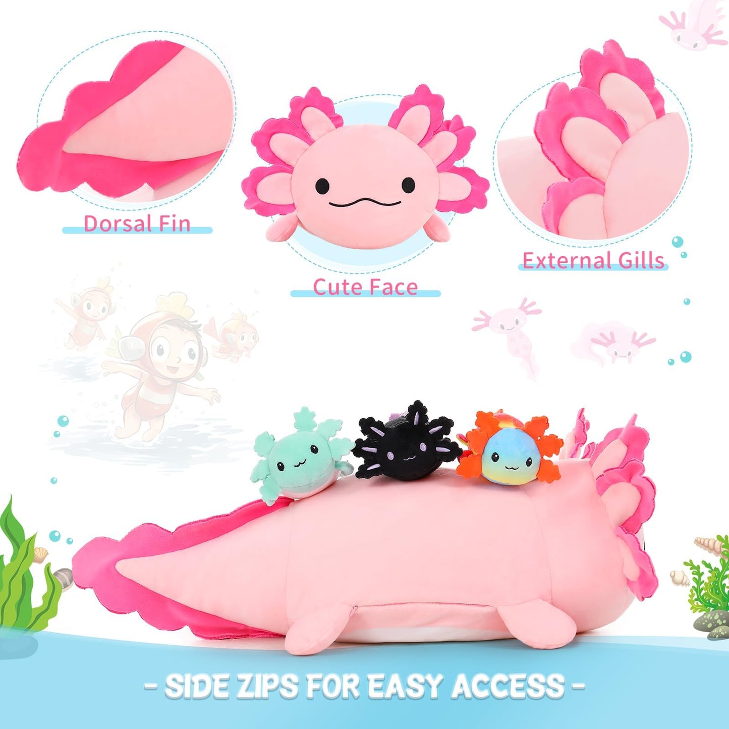 Beniny Big Axolotl Plush 24 Inch, Long Axolotl Stuffed Animal Mommy With 3 Baby Axolotl Plushies In Tummy, 4Pcs Axolotl Plushie