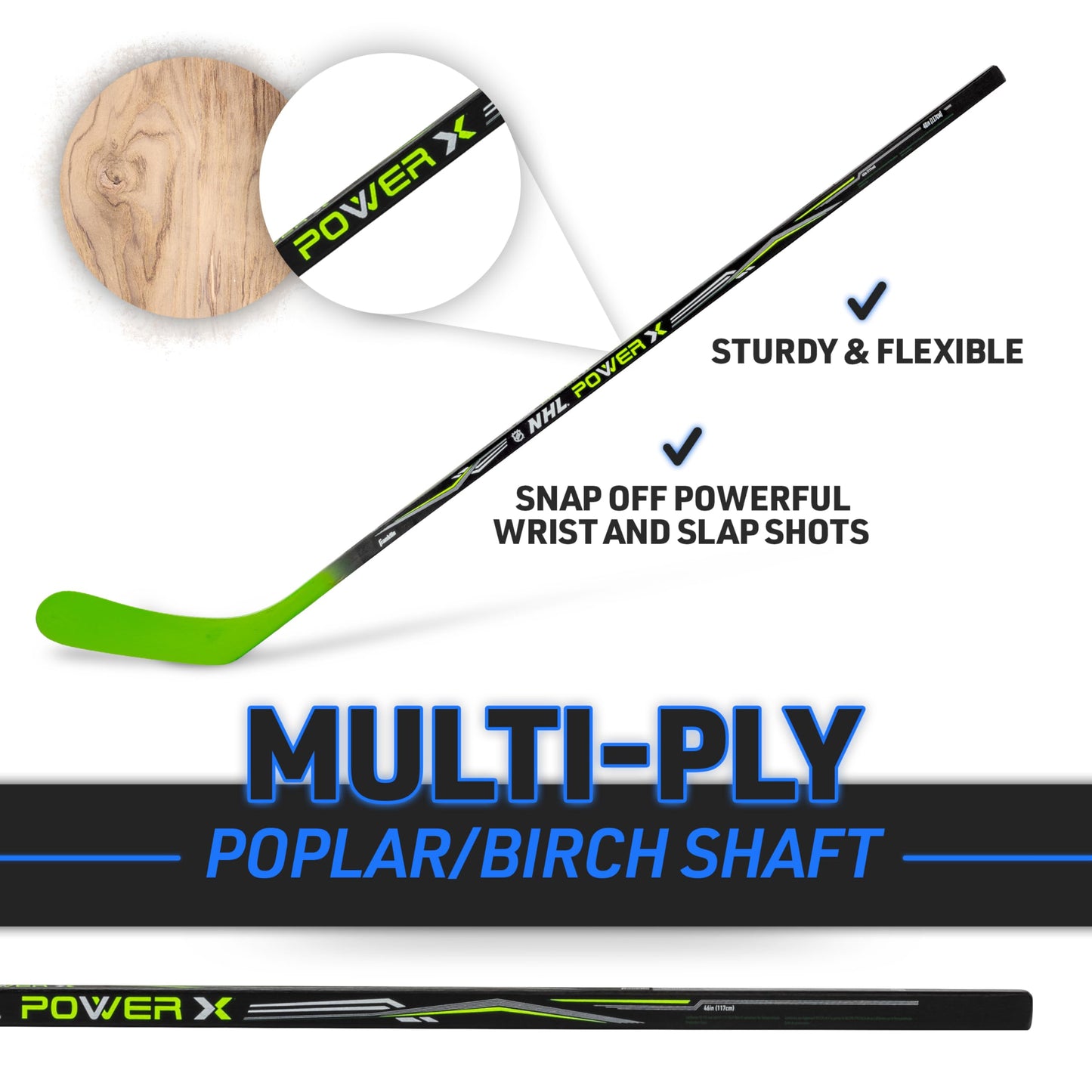 Franklin Sports Street Hockey Sticks - Power X Junior Street Hockey Stick - Wood and Fiberglass Shaft - ABS cutting edge - One Piece Stick - 58 Left Handed