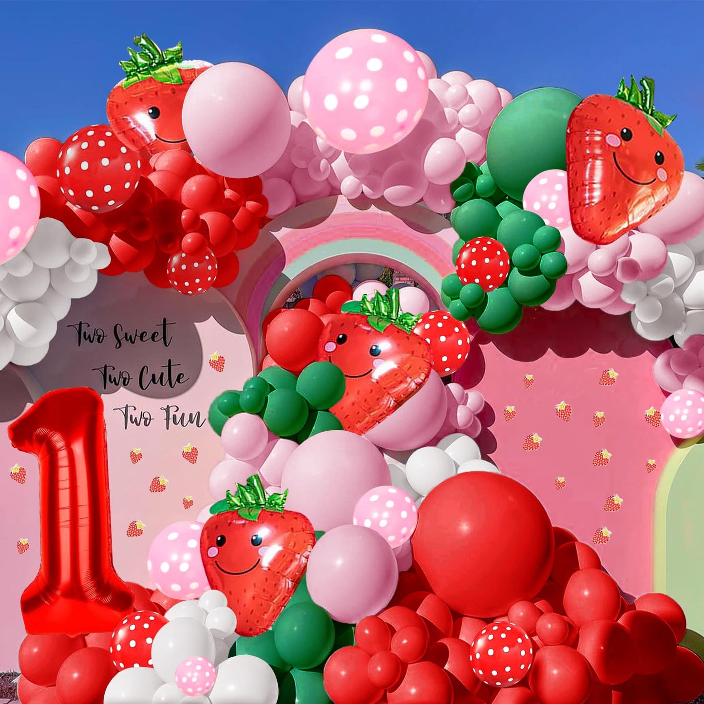 Strawberry Party Decoration Balloon Garland Arch Kit, 143Pcs Red Pink Balloons Strawberry Foil Balloons For Sweet One Boy Girl B