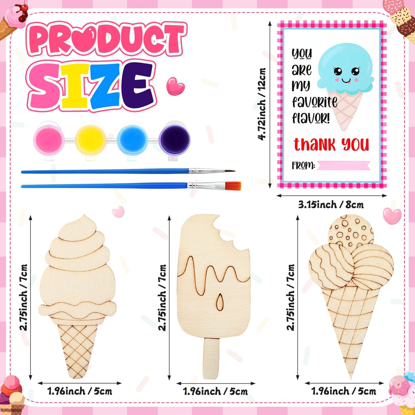 Leinuosen 28 Sets Ice Cream Party Favors Wood Painting Craft Kits with Art Supplies and Inspirational Cards Thank You for Coming