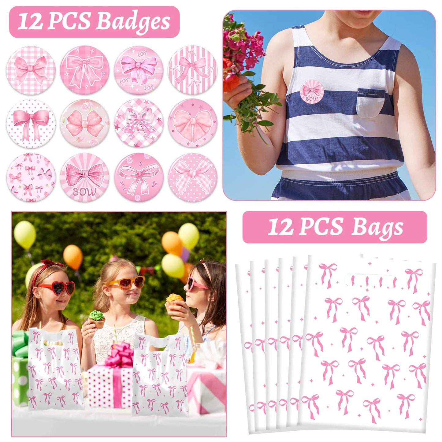 110 PCS Pink Coquette Bow Party Favors, Pink Coquette Bow Temporary Tattoos Slap Bracelets Stickers Keychains Badges Gift Bags f