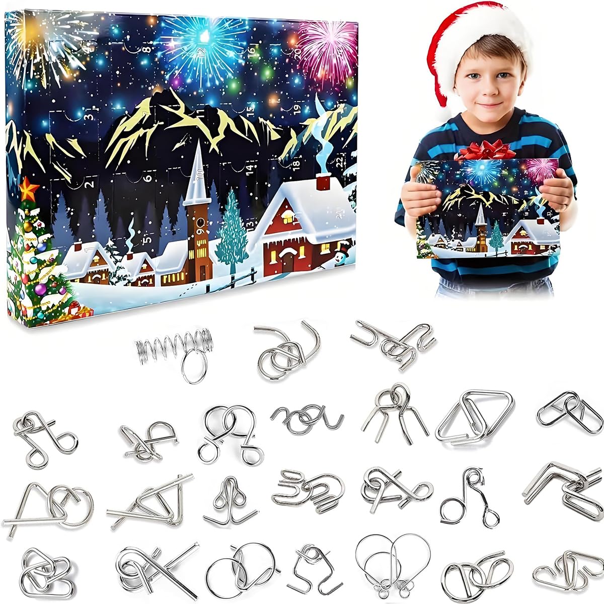 Patpat 24Pcs Brain Teaser Puzzle Game Toys Advent Calendar For Kids & Adults, Christmas Blind Box Surprise Gift Metal Puzzle Set