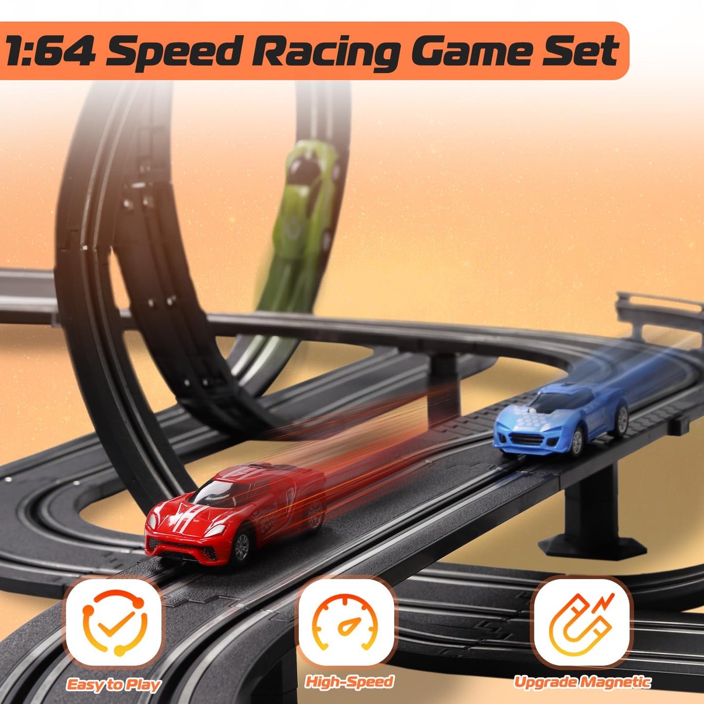 Slot Car Race Track Set, Battery Or Electric Race Car Toys For 3 4 5 6+ Year Old Boys Gifts, 4Pcs Slot Cars & 23 Ft Dual Racing