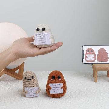 Dicha Positive Potato- Cute And Funny Emotional Support Gift For Friends Party Decoration Encouragement-Handmade Crochet Animals With Card Spreading Joy-Beige