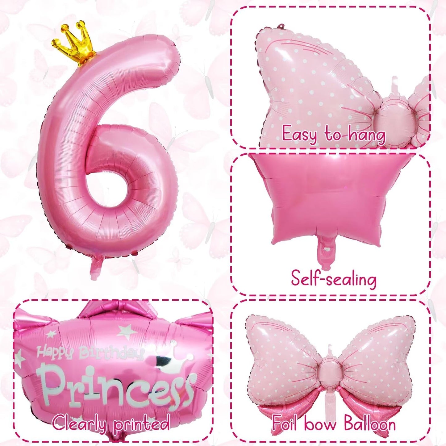 Pink 6Th Birthday Decorations, Pink 6Th Birthday Balloon Set With 40 Inch Pink Number 6, Large Helium Foil Mylar Princess Crown Balloon, Pink Bow Foil Balloons For Girls Birthday Party Decoration