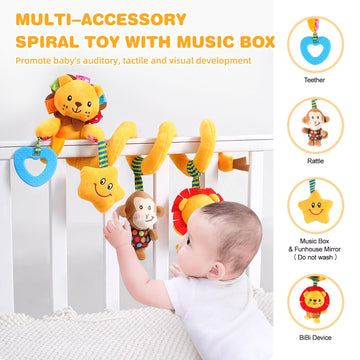 Jollybaby Baby Car Seat Stroller Toys, Plush Activity Hanging Spiral Activity Pram Crib With Music Box, Rattles, Squeaker For Babies Infant Boys Girls(Little Lion)