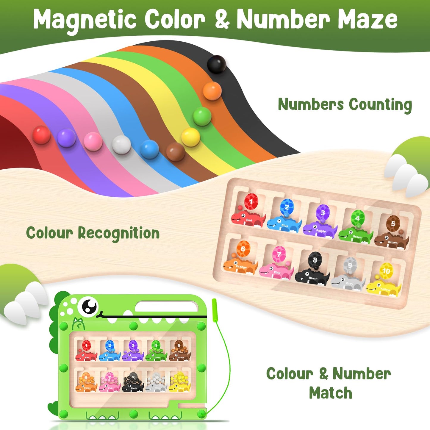 Funmission Magnetic Color And Number Maze, Montessori Toys, Wooden Puzzle Activity Board For 3+ Year Old Kids, Counting & Color