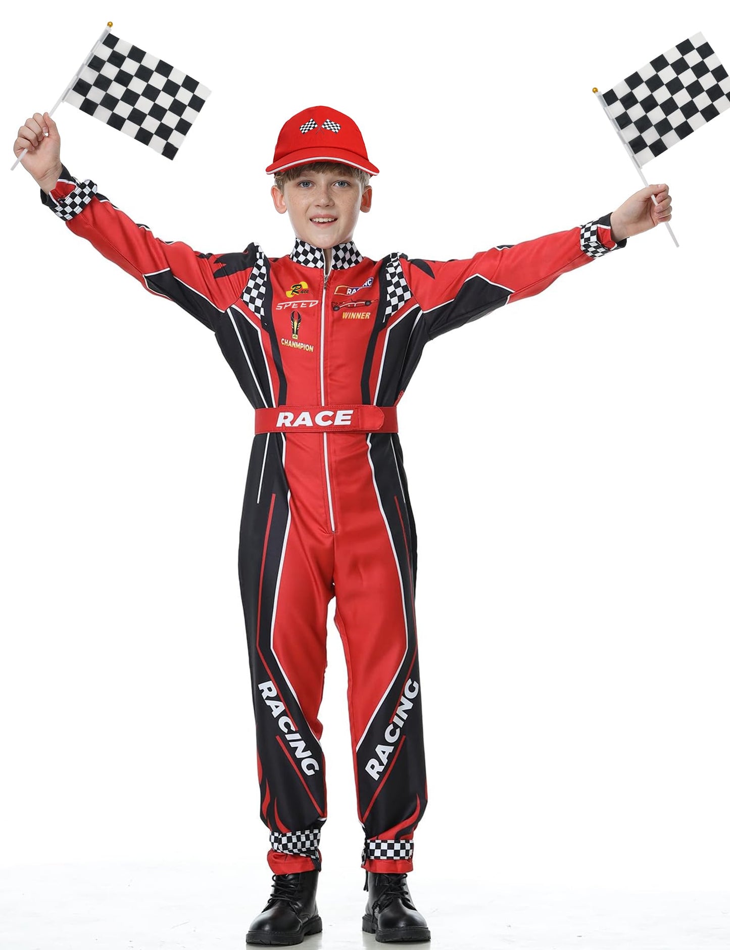 Treyrea Race Car Driver Costume Boys Racer Jumpsuit With Car Cap Kids Dress Up for Halloween (Red and Black  S(for height 46 -49 ))