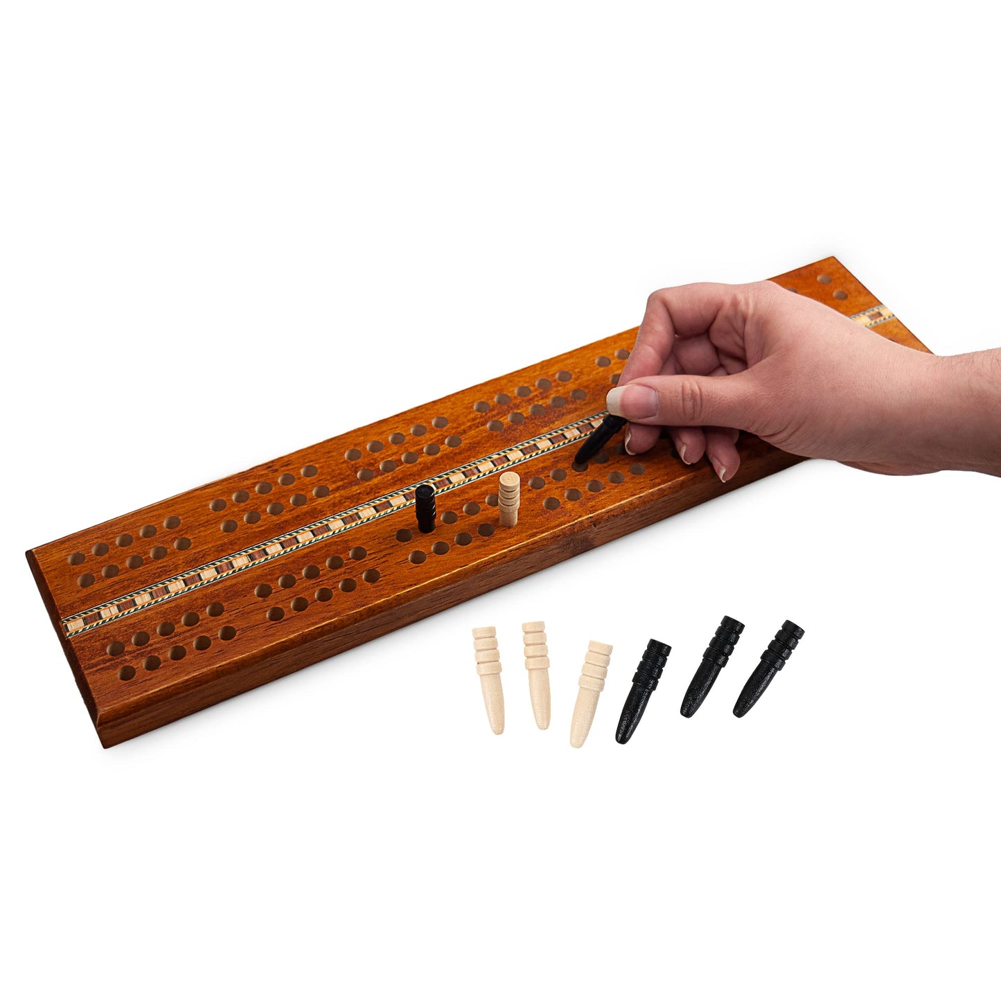 Sterling Games Extra Large Extra Long Cribbage 16 Wooden Game Board 2 Persons Double Track Board with 1/4 Holes and Italian Inlaid  Large Wooden Pegs Great for Seniors and Children