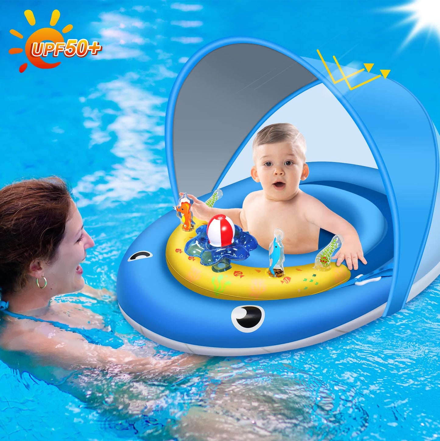 Baby Pool Float With Canopy Upf50+ Sun Protection, 6-24 Months Inflatable Infant Swimming Ring, Bath Floatie, Swimming Pool Accessories, And Toy Play Console With Adjustable Safety Seat