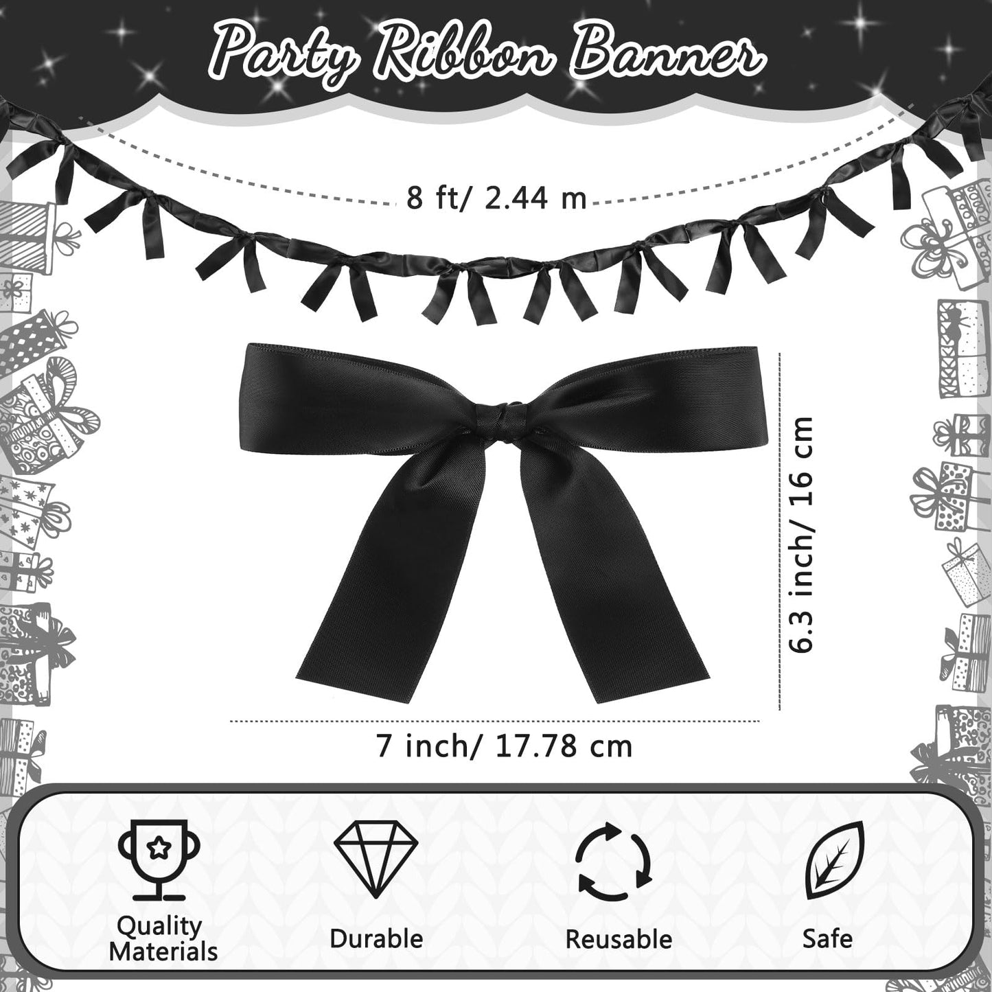 Trandraft 2 Pcs Black Bow Garland Banner 16.4 FT Bow Party Decortions for Girls Black Bow Ribbon Banner Bow Birthday Baby Shower