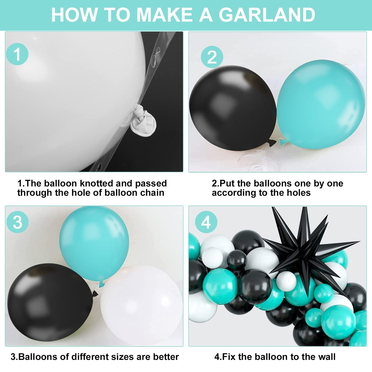 Wpensky Teal Balloon Arch Kit - PVC Teal Black Garland with Silver Foil Stars for Birthday, Wedding, Baby Shower, Graduation Party