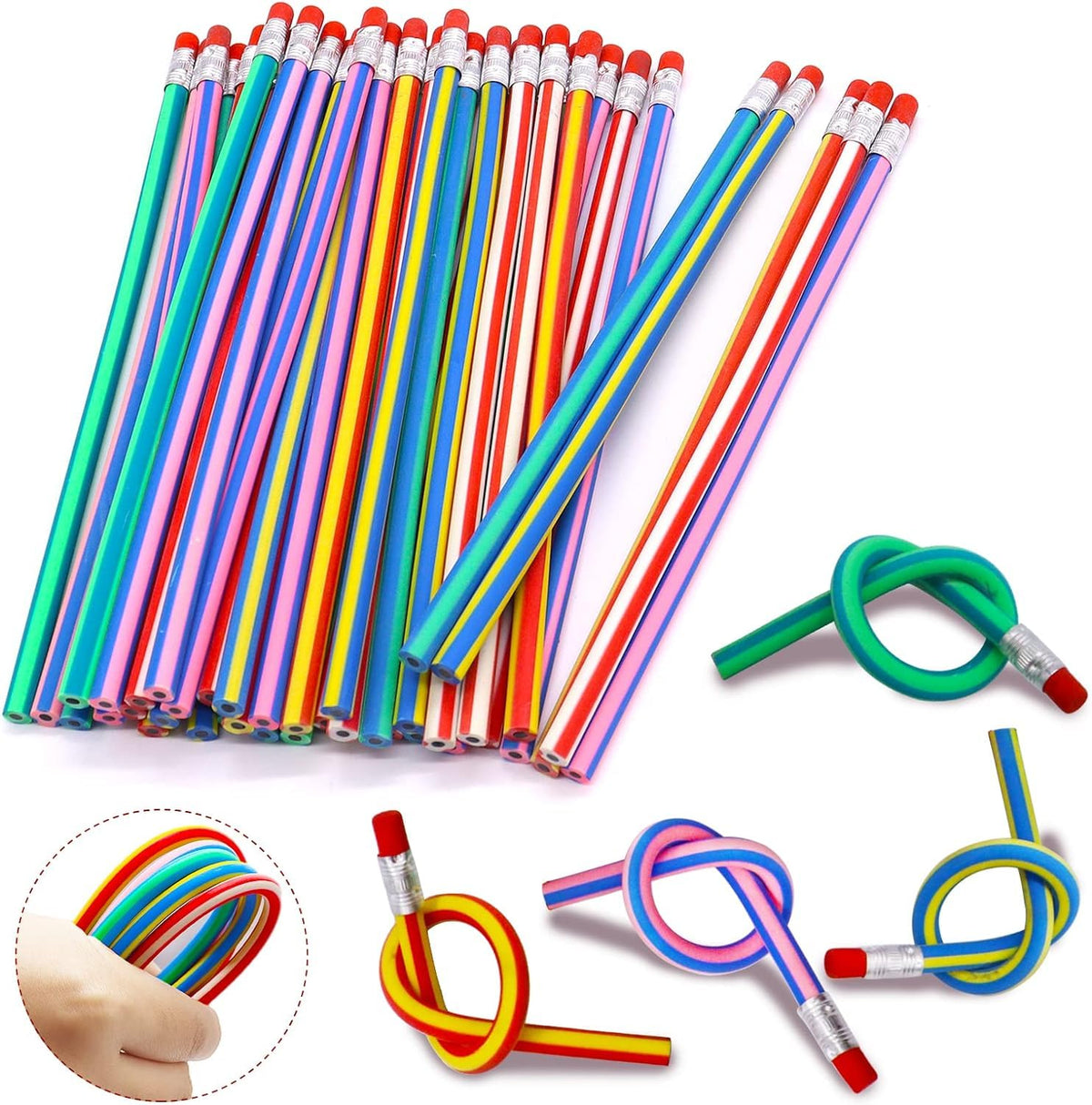 Gold Leaf 20Pack Flexible Bendy Pencils  Colorful Stripe Soft Rubber Pencils With Erasers  Fun Party Bag Fillers, Classroom G