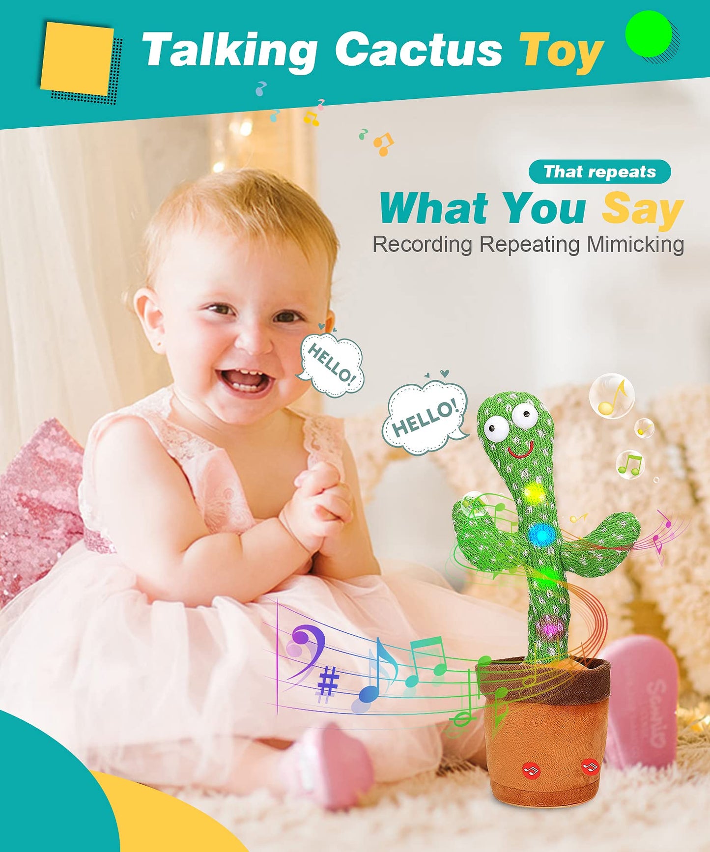Luketure Dancing Talking Cactus Toy For Baby W/ 120 Songs & Flashing Lights, Easter Gifts Mimicking Educational Toy For Toddlers, Tummy Time Play, Birthday, Christmas, Babies Sensory Music Toy