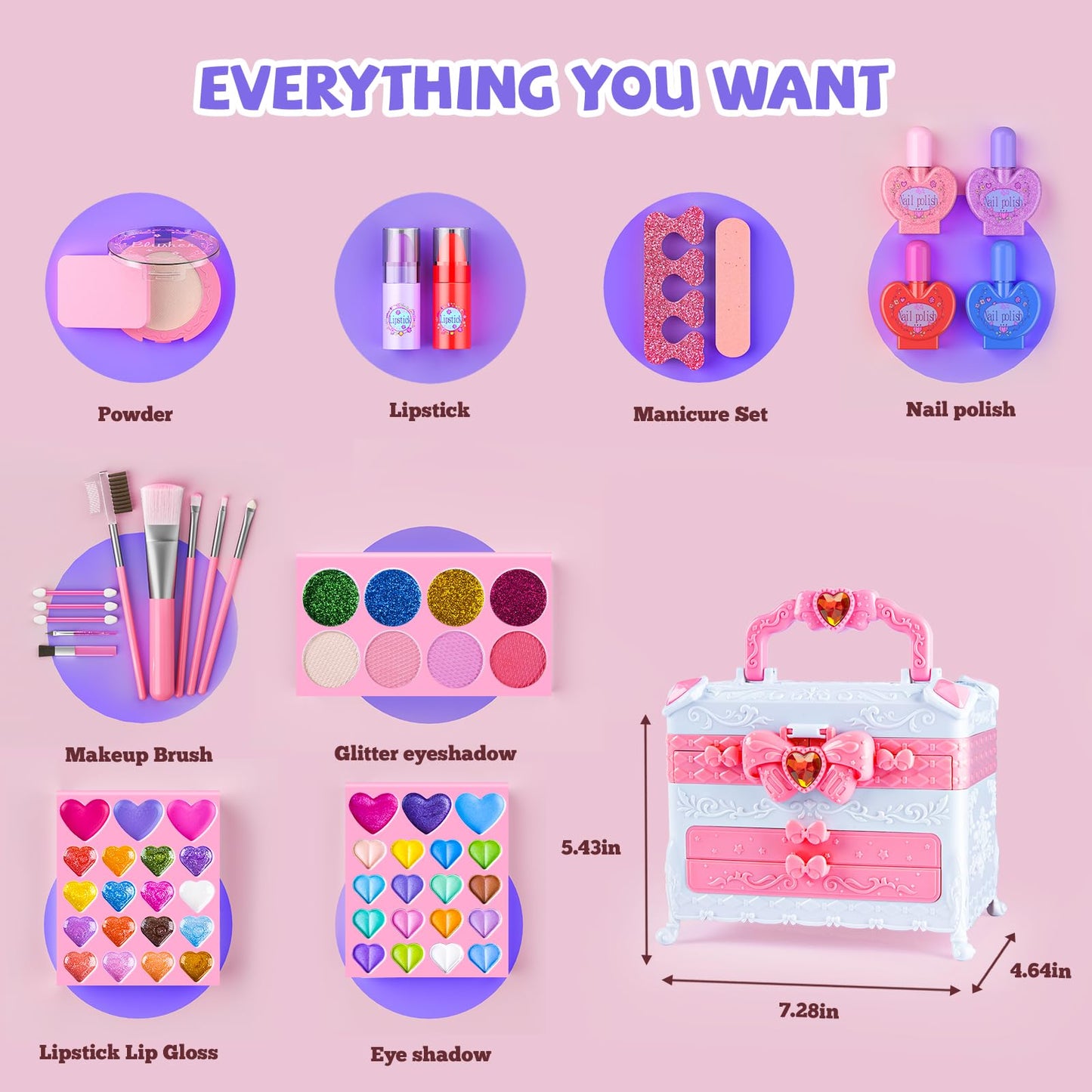 GORISPI Kids Makeup Sets for Girls, 66pcs Real Cosmetic for Kids Toys with Mirror, Princess Washable Girls Makeup Kit, Non-Toxic