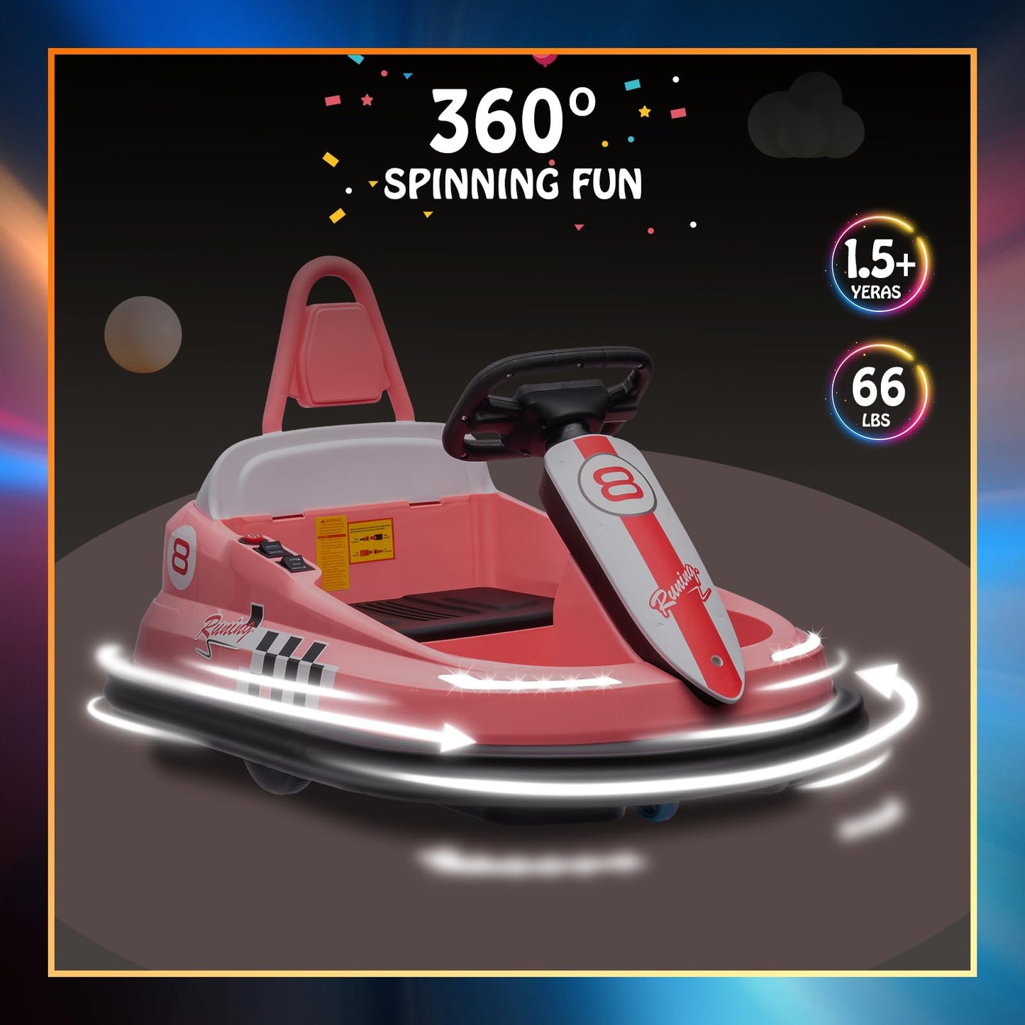 Hetoy Bumper Car For Toddlers, 6V Electric Ride On Toys For Kids, 1.9 Mph Max Speed, Steering Wheel, 360 Degree Spin, 2-Speeds, Light, Music & Horn, Birthday Gift For Boys Girls 2-6 Years, Bright-Pink