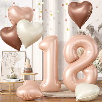 Biapian 40 Inch Light Brown Number 18 Balloons, 8Pcs Large Foil Number 1 & 8 Balloons With 18'' Caramel Heart Shape Balloon For