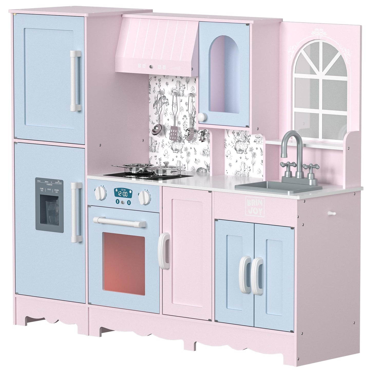 BRINJOY Play Kitchen for Kids, Wooden Kids Kitchen Playset w/Faucet, Sink, Stove, Oven, Window, Cookware, Storage Cabinets, Todd