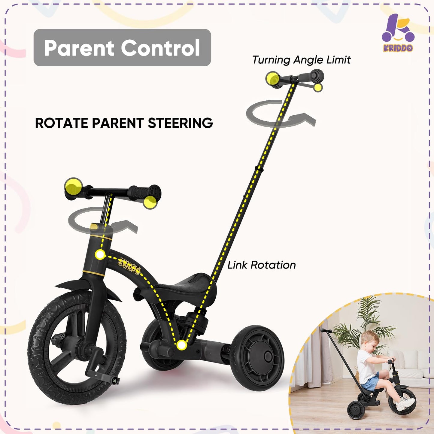 KRIDDO 4-in-1 Kids Tricycle for 1.5 to 3 Yea Old with Parent Steering Push Handle, 12 Inch Front Wheel Trike, Toddler Balance Bi