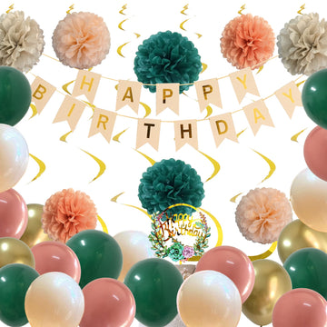 Birthday Decorations For Women Girls With Emerald Green Dusty Rose Pink Balloons Rustic Banner And Happy Birthday Floral Cake To