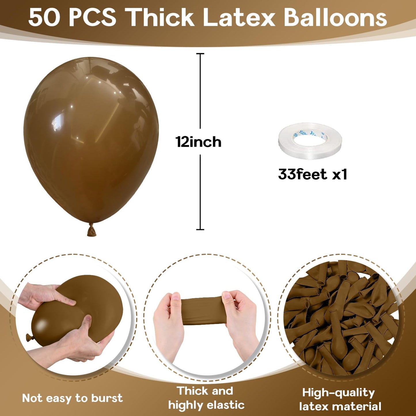 Jobkoo Brown Balloons 12 Inch, 50 Pcs Light Brown Balloon Coffee Chocolate Brown Latex Balloons Matte Tan Caramel Mocha Helium B