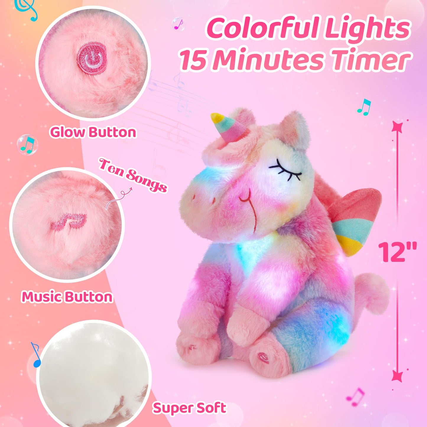Athoinsu Rainbow Musical Light Up Unicorn Stuffed Animal Soft Furry Plush Toy With Led Night Lights Children'S Day Birthday Valentine'S Day Gifts For Kids Toddler Girls,12''
