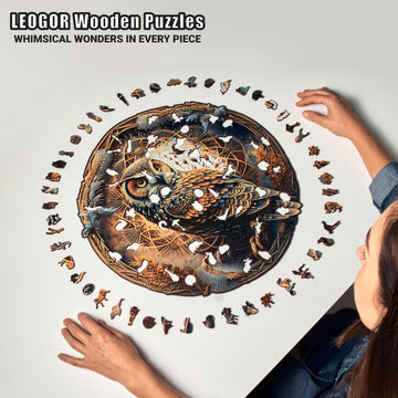 Leogor Wooden Puzzle For Adults - Whimsical Owl Haven - (500 Piece, Xl, 18 X 17.8 In) - Nature Inspired Round Mandala - Colorful