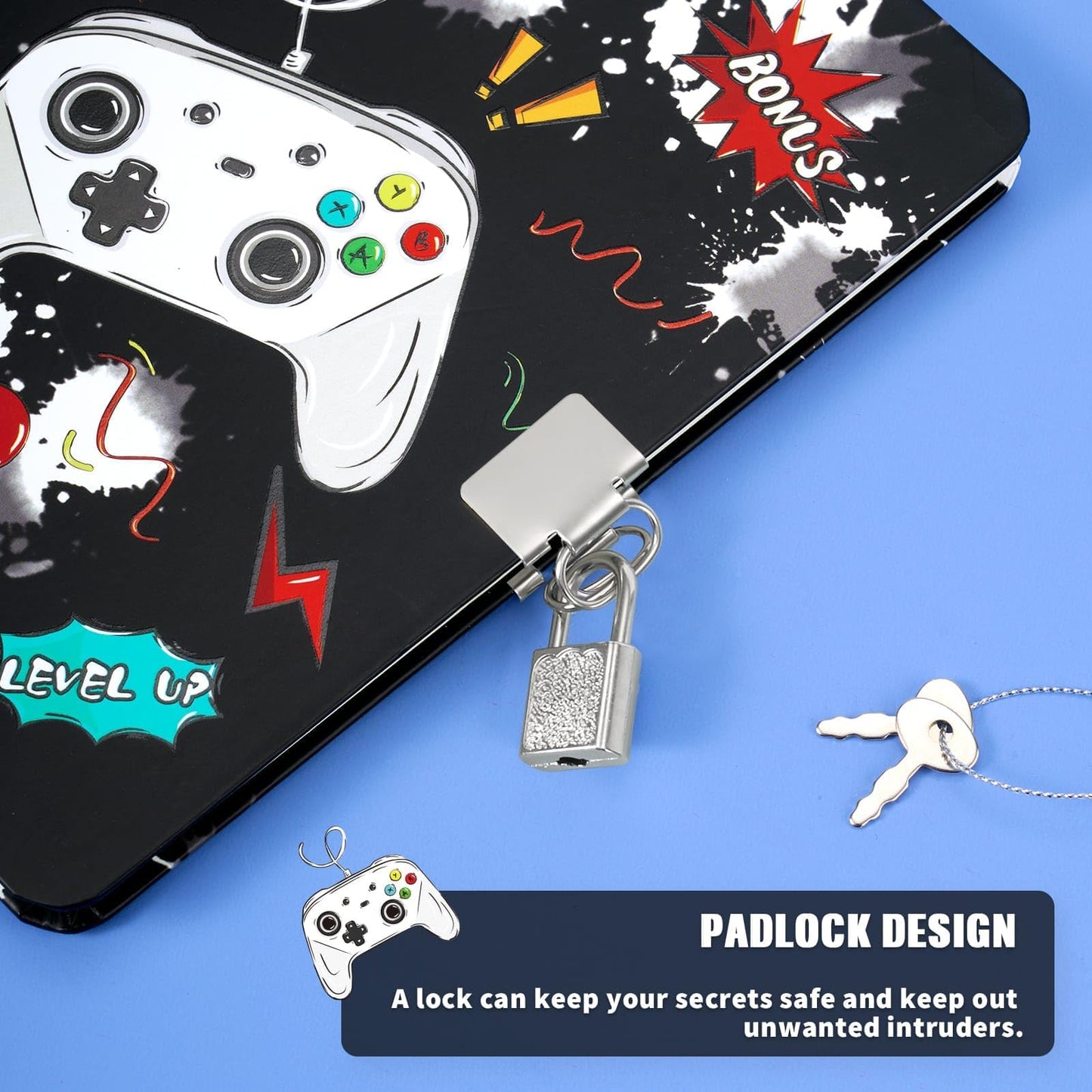 Wernnsai Kids Diary Set For Boys Game Journal Kit - Kids Luminous Journal With Lock And Keys, Boys Game Diary, Video Game A5 Lined Writing Notebook, Birthday Christmas Gift Set With Pen And Stickers