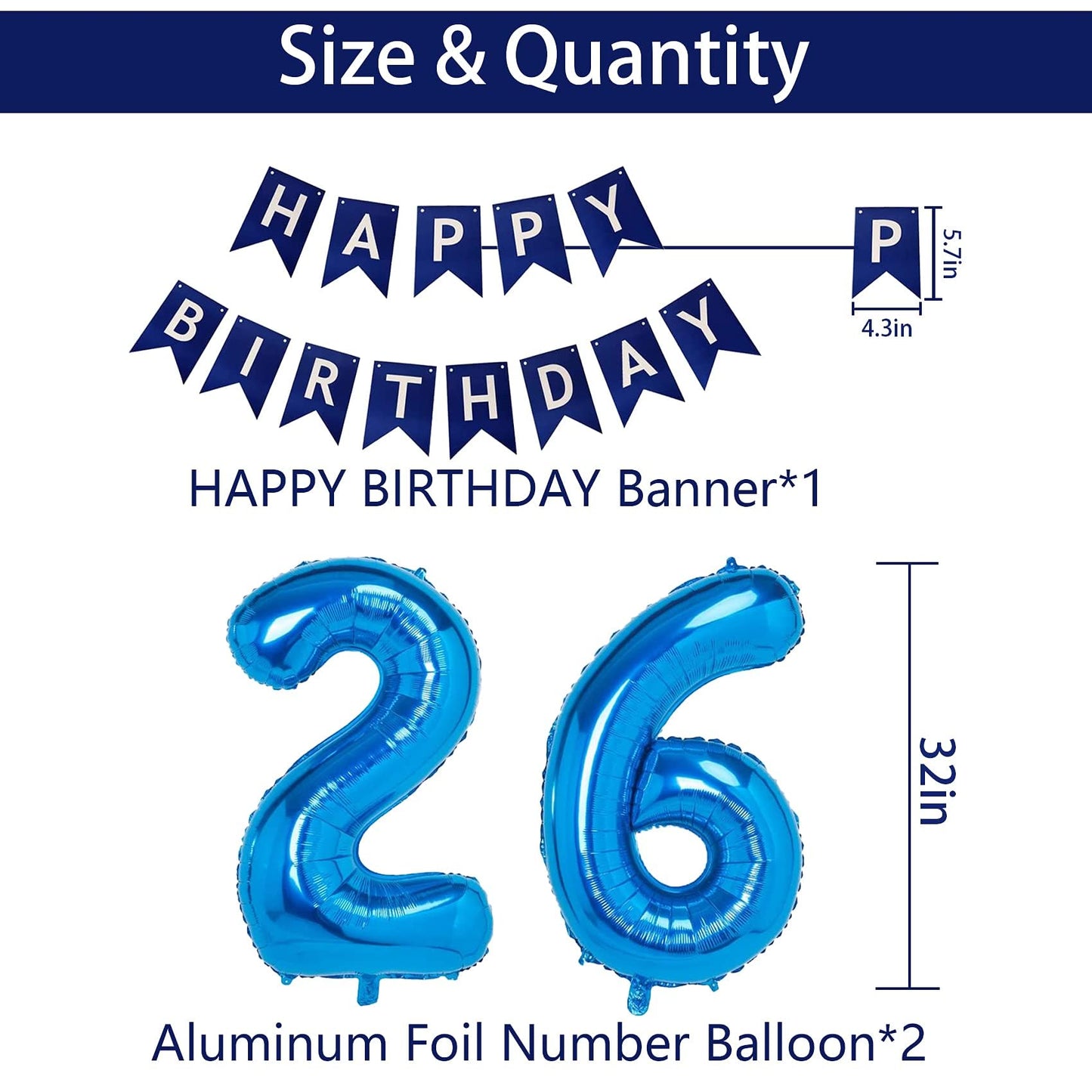 Naninuneno 26Th Blue Birthday Party Decorations For Boy Girl Men Women, Happy 26 Birthday Balloons Supplies With Happy Birthday