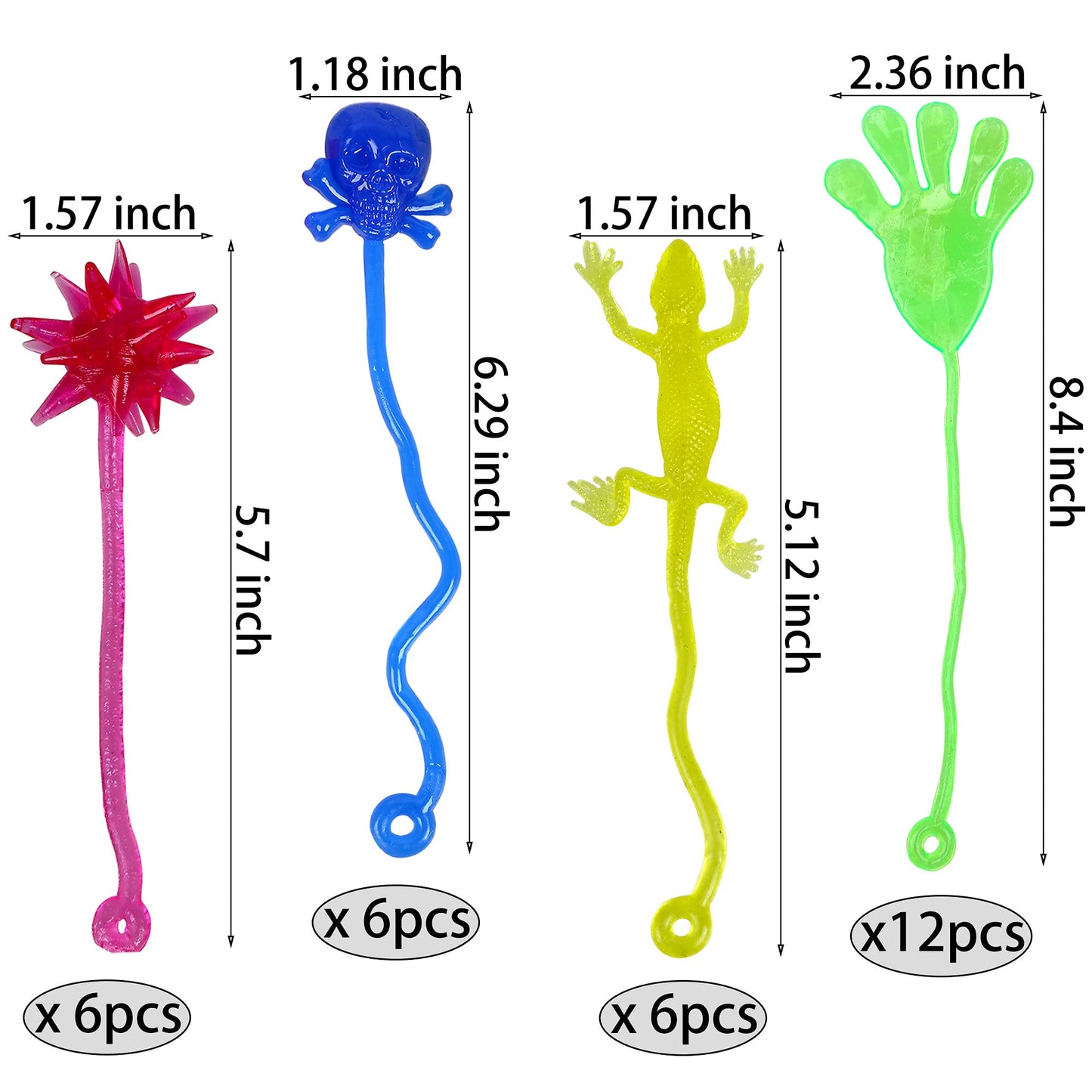 Porafuk 46 Pieces Vinyl Stretchy Sticky Toys Assorted Novelty Large Sticky Hands, Hammer, Lizards, Skull And Flying Frog For Chi