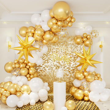 146Pcs White And Gold Balloons Garland Arch Kit With Gold Exploding Star Foil Balloons For Graduation Wedding Engagement New Yea