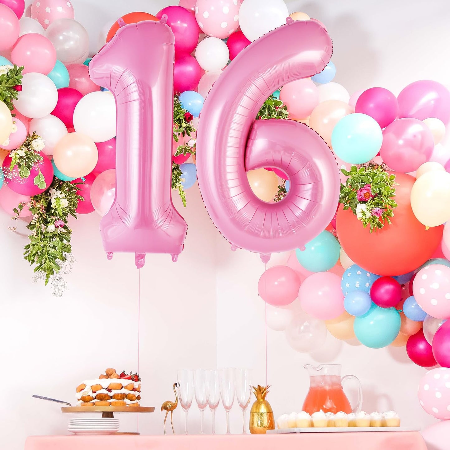 AIQINHU Pink Foil Number 16 Balloon - 40 Inch Giant Mylar Balloon for 16th Birthday Party Decorations