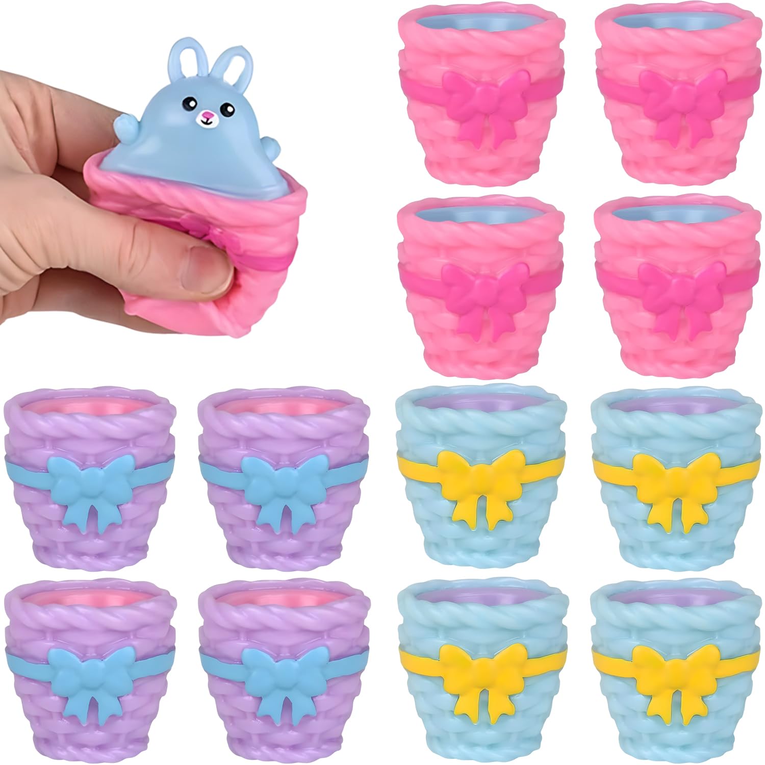 Squeezy Pop Up Bunny in Easter Basket Toy, Assorted Colors, 3 Inch, 12 Pack