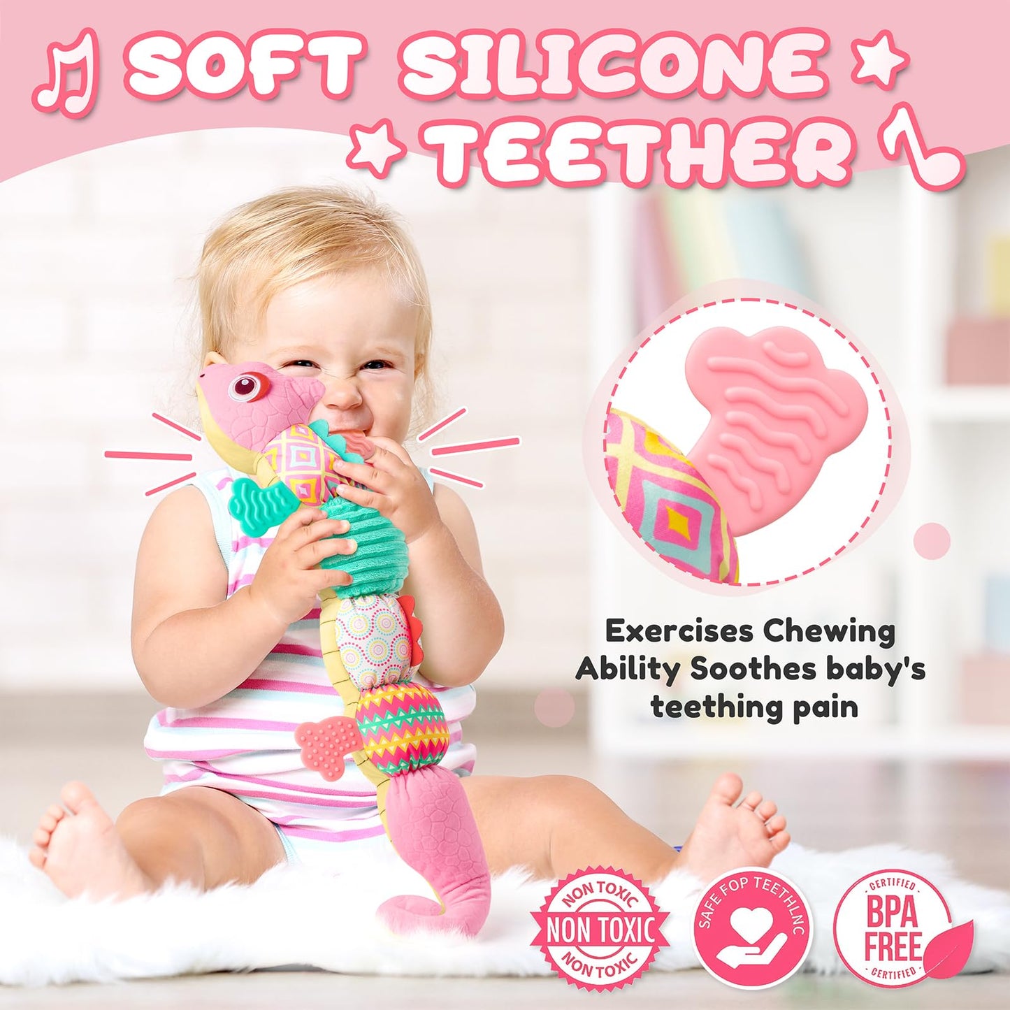 Awotoy Baby Toys 0-6-12 Months, Musical Stuffed Animal Activity Soft Toys With Multi-Sensory Crinkle,Rattles And Textures,Infant Baby Girl Toys Gifts For Newborn Tummy Time,Dinosaur,Pink