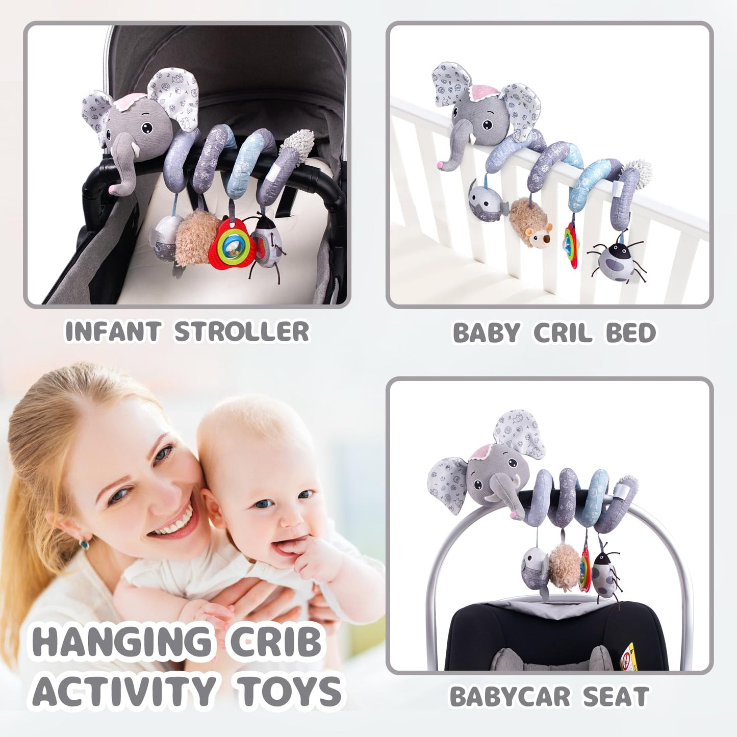 Koty Car Seat Toys, Infant Baby Spiral Plush Activity Hanging Toy For Stroller Bar Pram Crib With Music Box Bb Squeaker & Rattles(Grey Elephant)