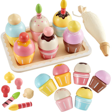 HERSITY Wooden Cupcakes Toys Pretend Play Food Desserts Kids Baking Set, Kitchen Playset for Toddlers 3-5, Tea Party for Little 