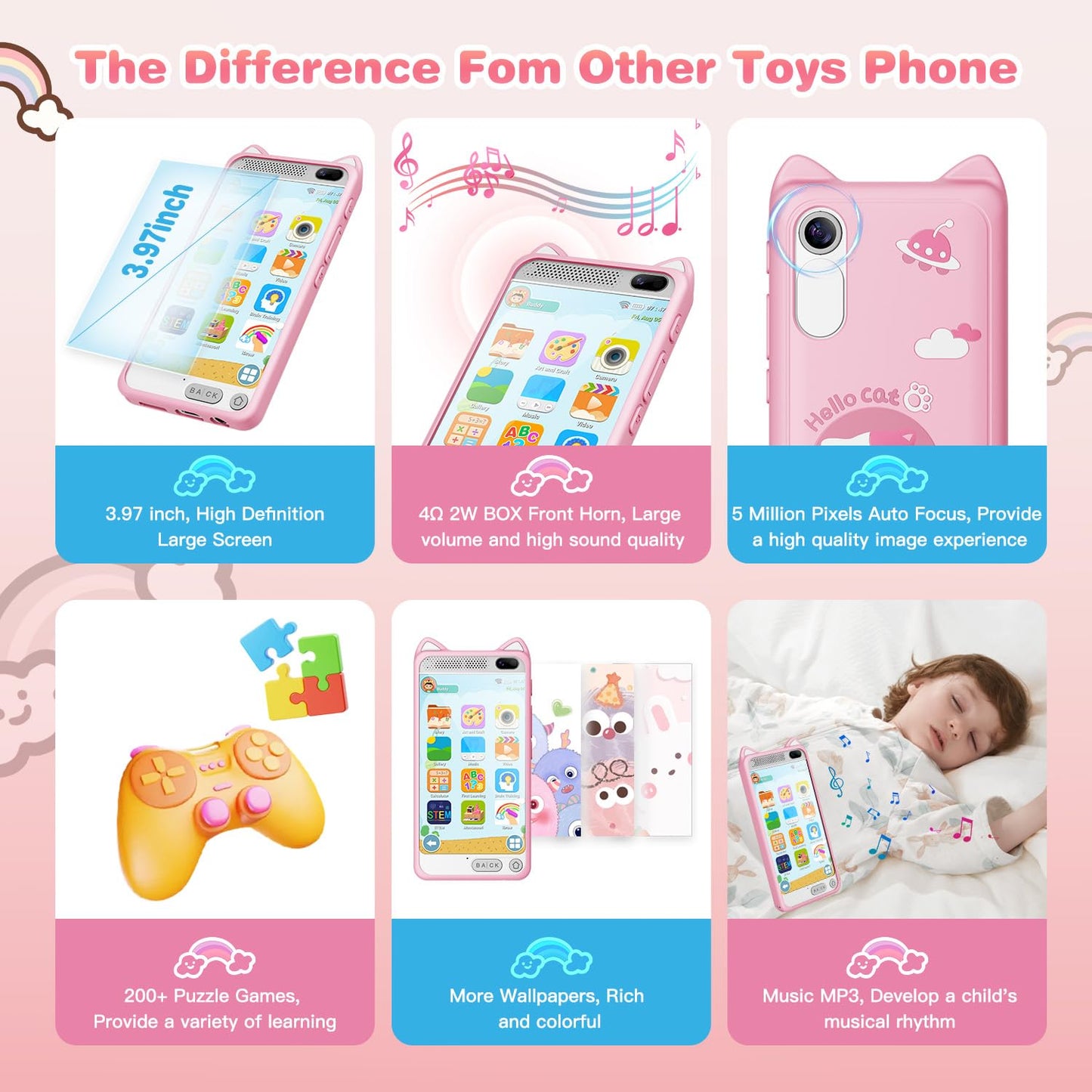 Kids Smart Phone Toys For Girls 3.97'' Touchscreen Toddler Phone Learning Toy Christmas Birthday Gifts For Girls Age 3-12, Mp3 M