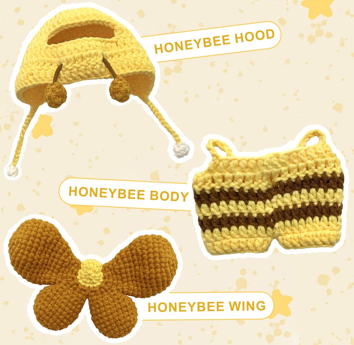 3-Piece Clothes for Doll 15-17cm Cute Bee Outfit for 6.7 Inch (17cm) Handcrafted Crochet Dress up Bee Style Outfits with Hat Overall Wings (No Doll Included) (Yellow)