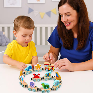 LovesTown Wooden Sea Animal Train Set, Montessori Educational Toy for Kids, 11 PCS, Multi Color, Ideal Toddler Birthday Gift