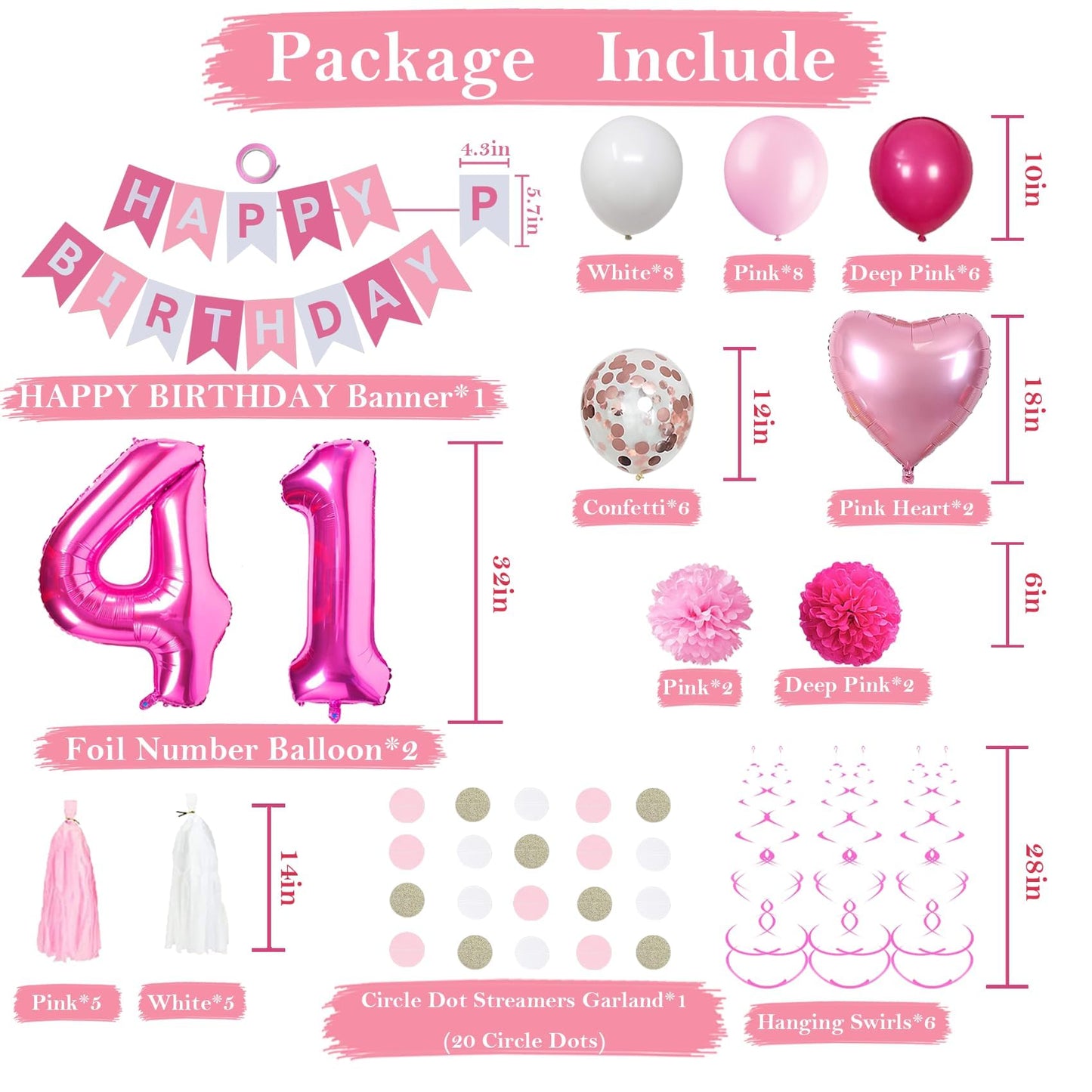 Sweet 41St Birthday Decorations For Women, Pink And White 41 Happy Birthday Balloons, 41St Birthday Party Supplies Including Pin