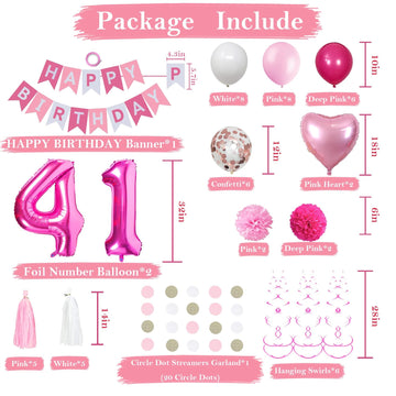 Sweet 41St Birthday Decorations For Women, Pink And White 41 Happy Birthday Balloons, 41St Birthday Party Supplies Including Pin