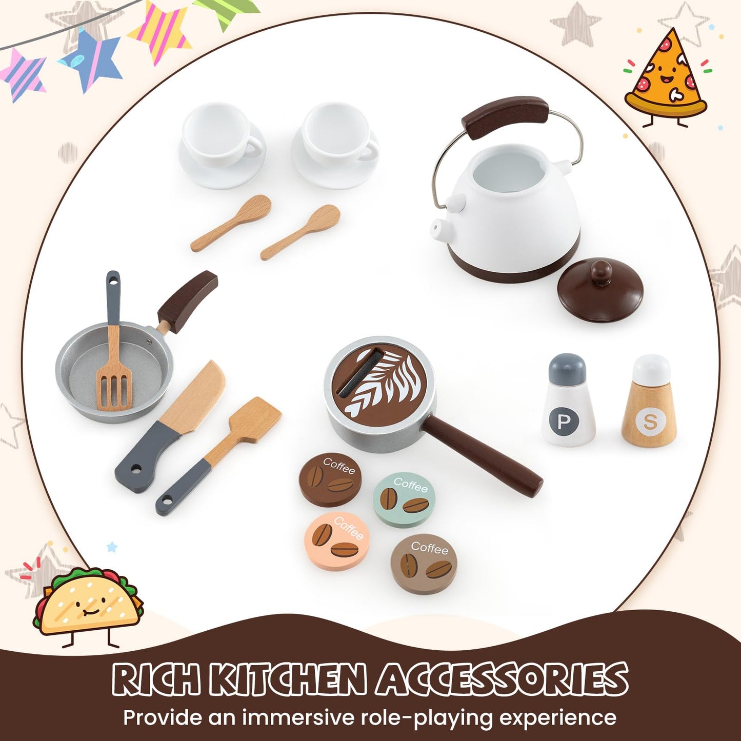 HONEY JOY Corner Play Kitchen, Toddler Wooden Toy Kitchen Set w/Lights, Coffee Maker, Microwave, Sink, Faucet, Little Chef Prete