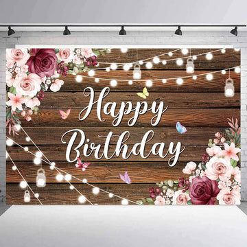 Yinqin 180X120 Cm Rustic Wood Flower Happy Birthday Backdrops Cloth Rustic Wooden Floral Birthday Photography Backgrounds Flower