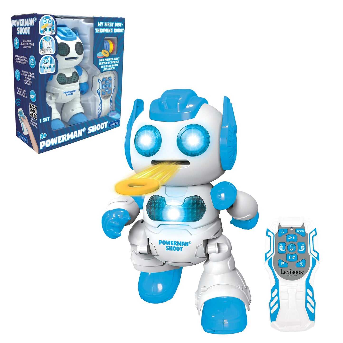 LEXiBOOK  Powerman Shoot - My First tossing-disc Robot  Programmable Remote Control Robot  Plays Music and Dances  Sound and Light Effects  12 Foam Discs  ROB17  White/Blue