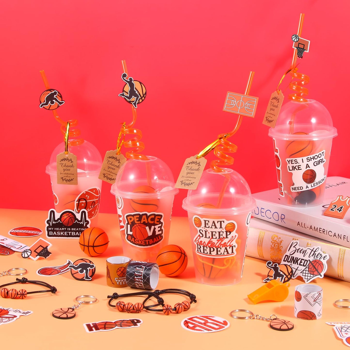 LiYiQ 158 Pcs Basketball Party Favors Basketball Party Supplies with Cup Straw Stress Ball Keychain Sticker Slaps Bracelets Whis
