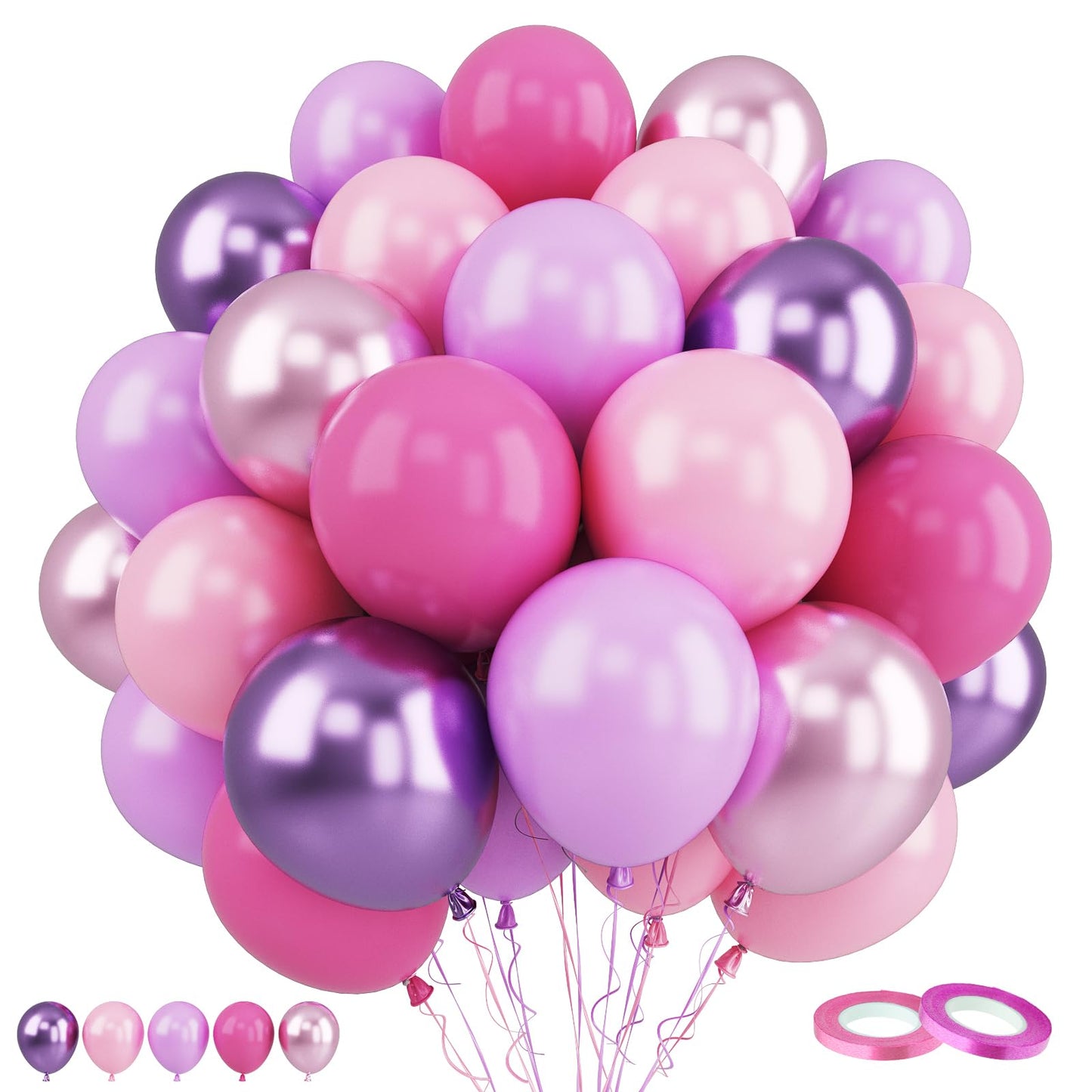 Funhot Pink Purple Balloons Set, 60Pcs Purple And Pink Party Balloon, 12Inch Pastel Metallic Purple Pink Latex Balloons Birthday