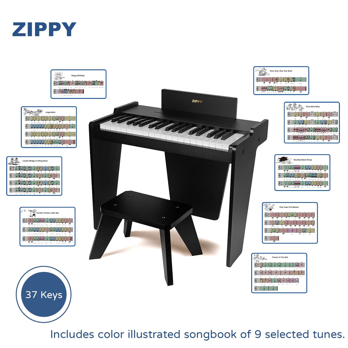 Zippy Kids Piano Keyboard, 37 Keys Digital Piano For Kids, Music Educational Instrument Toy, Wood Piano For 3+ Girls And Boys, B